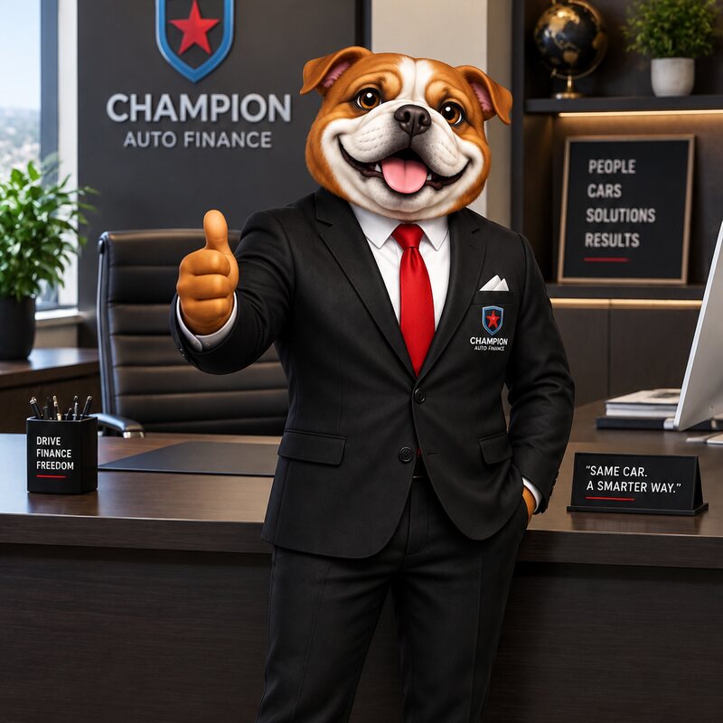 Champ, the Champion Auto Finance bulldog mascot, in a suit giving a thumbs up in the Champion Auto Finance office
